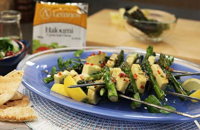 Marinated Haloumi Asparagus & Basil Skewers recipe made with Lemnos Cyprus Style Haloumi Cheese