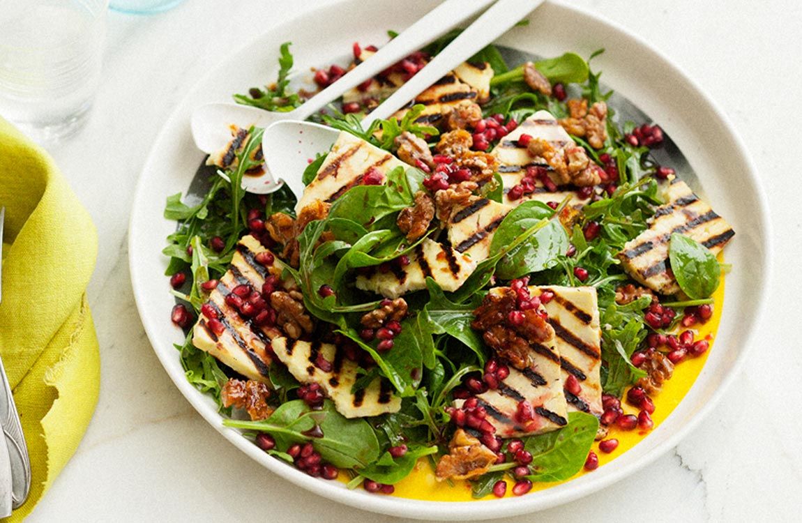 Haloumi, Pomegranate & Spinach Salad recipe made with Lemnos Haloumi