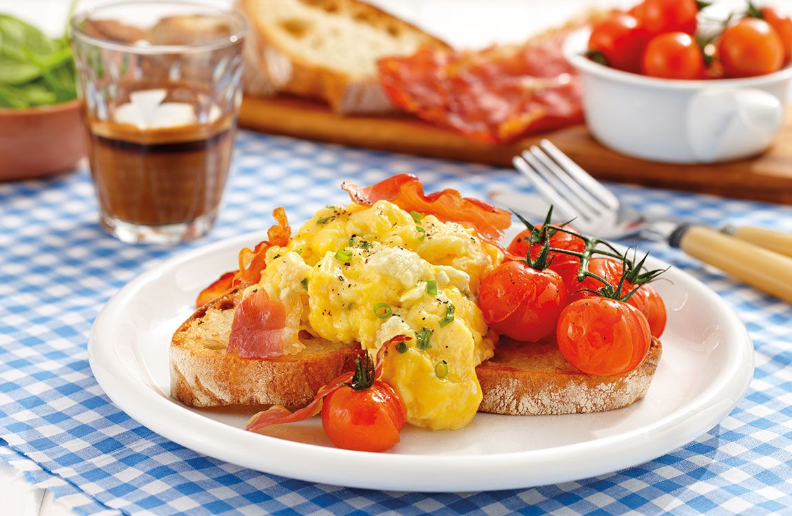 Fetta Scrambled Eggs with Roasted Tomatoes & Prosciutto recipe made with Lemnos Fetta