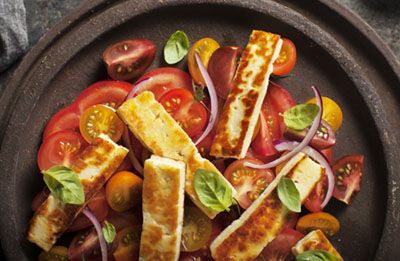 Mixed Tomato Salad with Toasted Haloumi recipe made with Lemnos Cyprus Style Haloumi Cheese