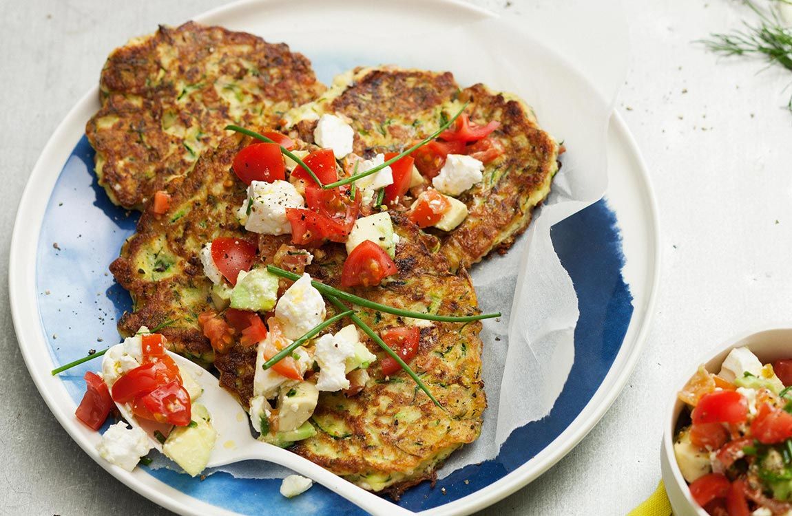 Zucchini, Bacon & Fetta Fritters with Avocado Salsa recipe made with Lemnos Smooth Fetta