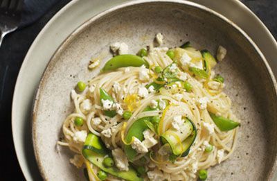 Zucchini Pea Feta and Mint Pasta recipe prepared with traditional Lemnos Fetta