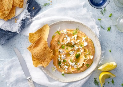 Roasted Capsicum Dip with Toasted Pide Bread Recipe made with Lemnos Smooth Fetta Cheese