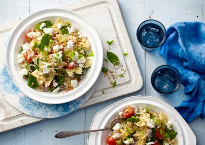 Spinach, Walnut and Fetta Pasta Salad recipe made with Lemnos Persian Marinated Fetta cheese