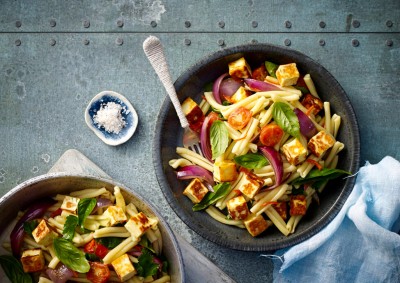 Haloumi, Red Onion and Cherry Tomato Pasta Recipe made with Lemnos Haloumi Cheese